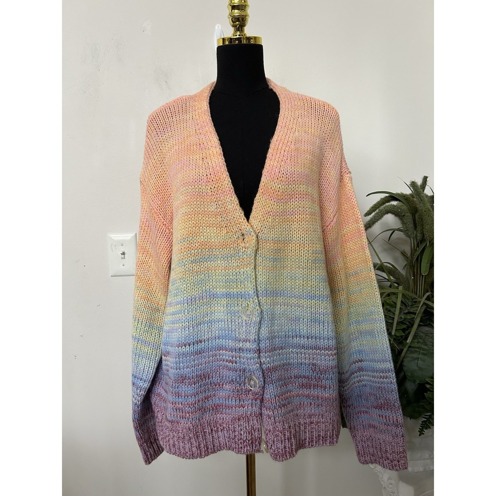 Aqua Pastel Rainbow Ombre Soft Knit Cardigan M Y2K Fairycore Coquette Colorful - Picture 3 of 7